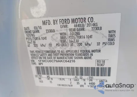 2010 Ford Escape Xls из США, поврежденный, VIN 1FMCU0C79AKC64216